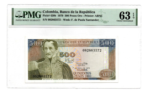 Billete Colombia 500 Pesos Certificado 1 Abril 1979