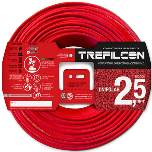 Cable Electrico Normalizado 2,5mm Trefilcon Color Rojo X 50 Metros