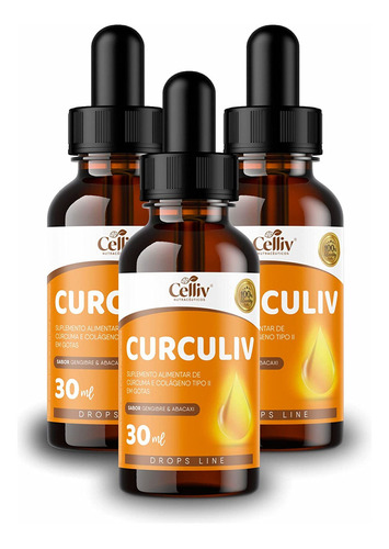 Kit Com 3 - Curculiv Original Em Gotas 30ml Celliv Sabor Abacaxi E Gengibre