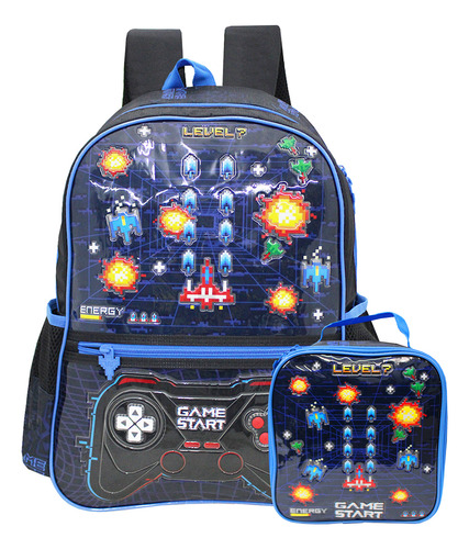 Kit Mochila Vídeo Game Start Costas Com Lancheira Térmica Cor Azul