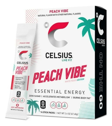 Celsius Peach Vibe Essential Energy Cero Azucar 14 Sobres