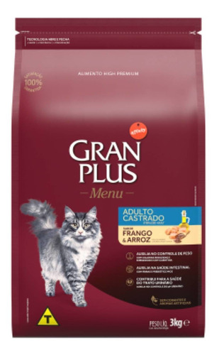 Alimento Gran Plus Castrados para gato adulto sabor frango e arroz em sacola de 3kg