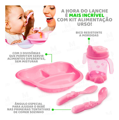 Kit 4 Alimentação Bebê Papinha Lanche Prato Refeição-rosa