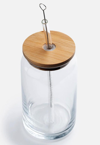 Set De 6 Vasos De Vidrio Con Tapa Y Popote De Vidrio Transparente