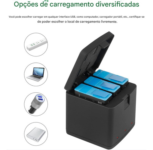 Carregador Triplo De Baterias Para Gopro Hero 9/10/11/12 Meudome Turbo Carga Rápida