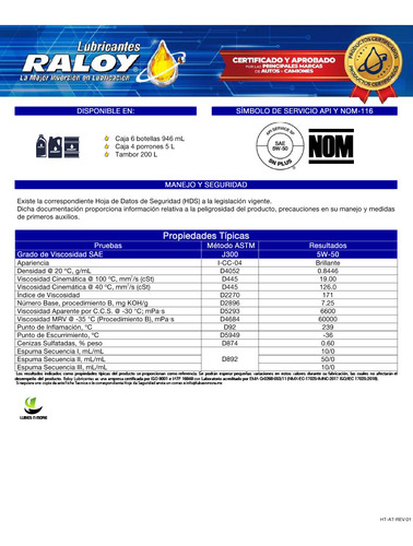 Aceite 100% Sintetico Raloy Syntec Platinum 5w50 Api Sp 1l