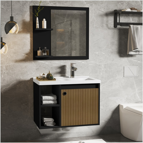 Conjunto Gabinete Com Espelheira Banheiro 60cm Adonis Preto