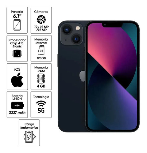 iPhone 13 128gb, 4gb Ram, Cámara 12+12mp, 6.1 , Negro