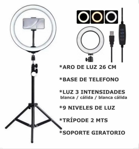 Aro De Luz Led Flash Selfie Anillo 26cm Tripoide Hasta 2mts