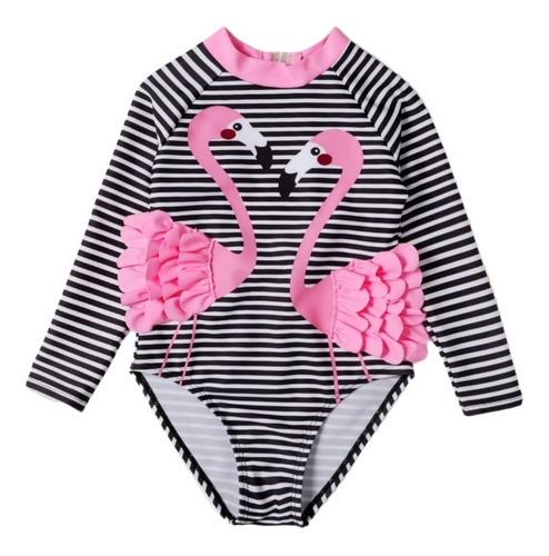 Traje De Baño Para Niñas Pequeñas Flamencos De Manga Larga