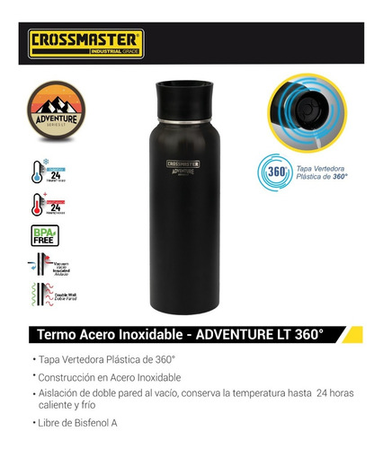 Imagen 2 de 2 de Termo Crossmaster Adventure Lt 360º 1.2l Acero Inox 9938514 Color Negro