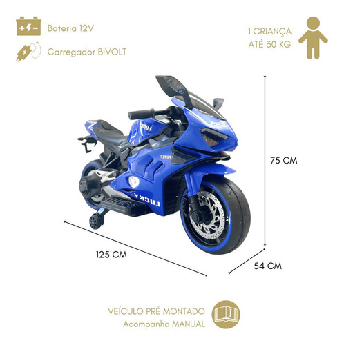 Moto Elétrica Infantil 12v Azul Bike Esportiva Potente Rádio
