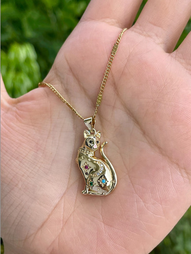 Collar Dije Gato Egipcio Zirconias Chapa Oro 18k Inox Chapado En Oro
