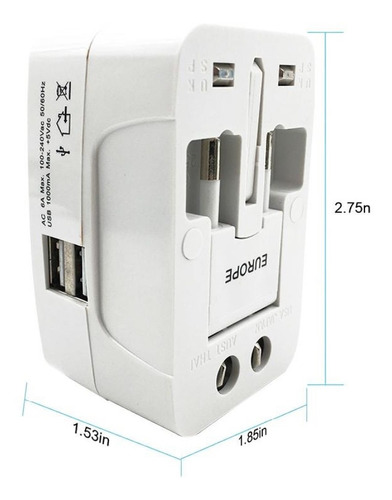 Adaptador Viajero 2 Usb Enchufe Universal Viajes 220v