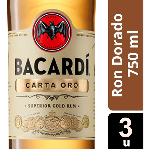 Bacardi Ron Carta Oro Pt 40° Botella X 750 Ml X3