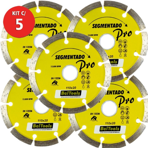 Kit 5 Disco Diamantado Segmentado 110 X 20mm Beltools