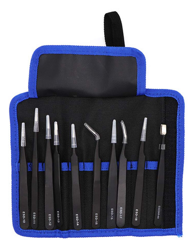 10pcs Precision Esd Tweezers Tool Kit Anti Static Set Steel