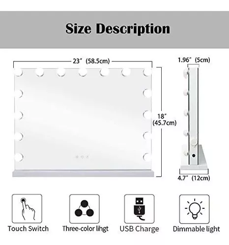 Espejo de tocador con luz, espejo montado en la pared, espejos de mesa para  maquillaje, espejo de control táctil con salida USB (Color blanco, tamaño