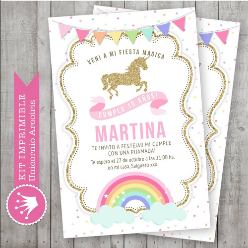 Kit Imprimible Unicornio Arcoiris Pastel Candy Invitación 2