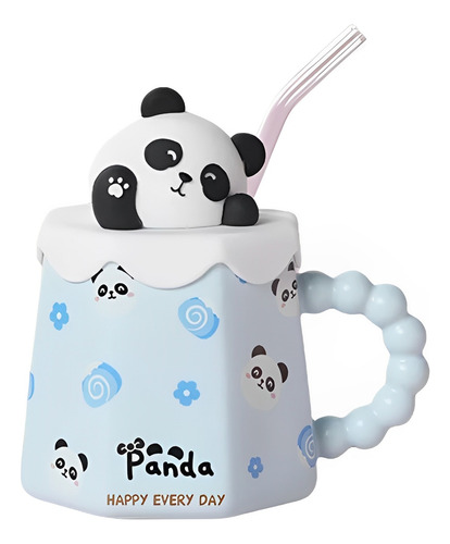 Taza De Cerámica 360 Ml Diseño Animal Con Tapa Y Popote