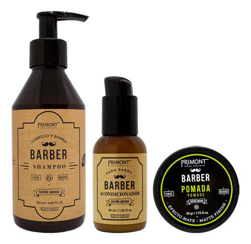 Kit Primont Barber Shampoo + Pomada Mate Pelo+ Balsamo Barba