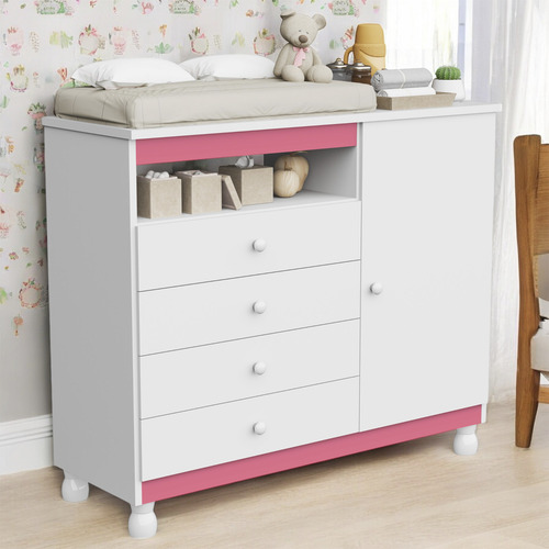 Jogo De Quarto Bebê Completo Berço E Cômoda Retrô C/ Colchão Cor Branco-rosa
