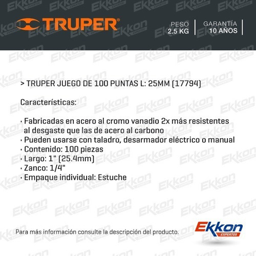 Imagen 2 de 10 de Juego Set De Puntas Truper P/ Destornillador 25mm 100 Piezas