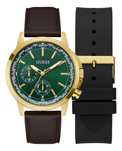 Reloj Para Hombre Guess Spec Correa Intercambiable Color Negro Bisel Dorado Fondo Verde