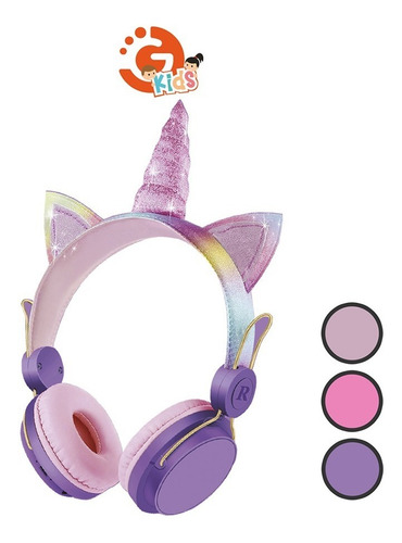 Imagen 1 de 4 de Auricular Infantil Unicornio Con Orejas Colores Con Cable