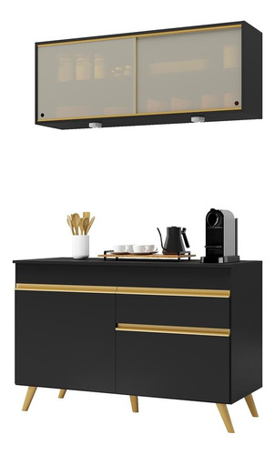 Armário Cozinha Compacta 120cm Veneza Up Multimóveis V2013 Cor Preto/Dourado