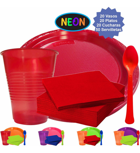 20 Platos Y 20 Vasos Neón Con 20 Cucharas Y 50 Servilletas