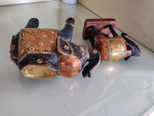 Antiguo Elefante De Madera Y Bronce Dorado (Usado)