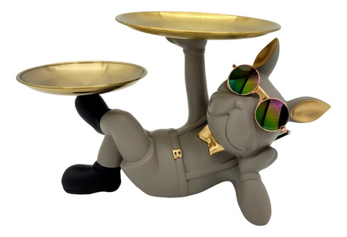 Figura Decorativa Bulldog Perro De Resina Doble Bandeja 20cm