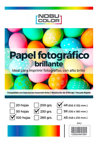 Papel Foto Glossy 4r 102x152 Mm. 230 Gr. 100 Hojas