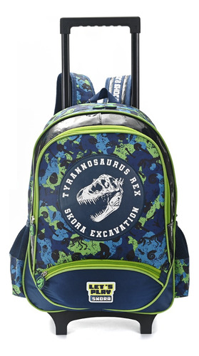 Mochila Con Carro Grande 18 PuLG Dinosaurio T-rex Orig Skora Color Azul con verde