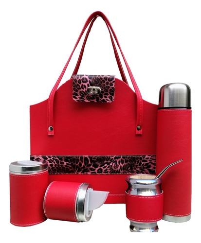 Set Matero Cartera Animal Print Combinada Con Rojo Termo 1l