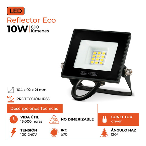 Reflector Led Exterior 10w Canchas Futbol Padel Black+decker Negro Pack X20 Calida