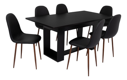 Mesa Comedor + 6 Sillas Sin Brazo - Wengue / Negro