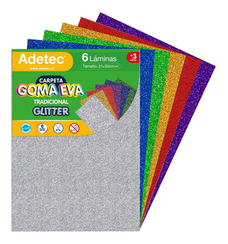 Goma Eva Tradicional A4 Colores Glitter Adetec X 6 Hj - 525