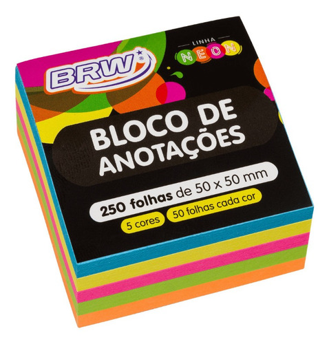 Bloco De Anotações 50x50mm Neon 5 Cores Brw 250 Folhas