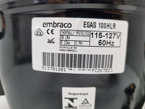 Compresor Embraco 1/3 Egas100hlr 115/60hz Lbp R134a 1.050btu
