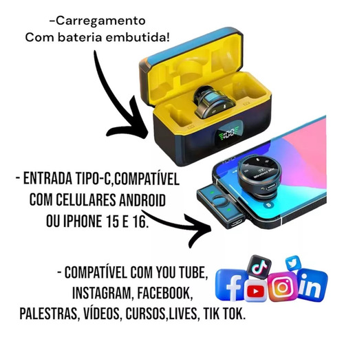 Microfone Lapela Redondo Imã Sem Fio Anti Ruído Duplo Celula