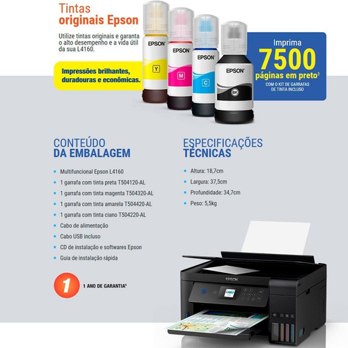 Impressora Multifuncional Epson Ecotank L4160 Wifi 110v/220v