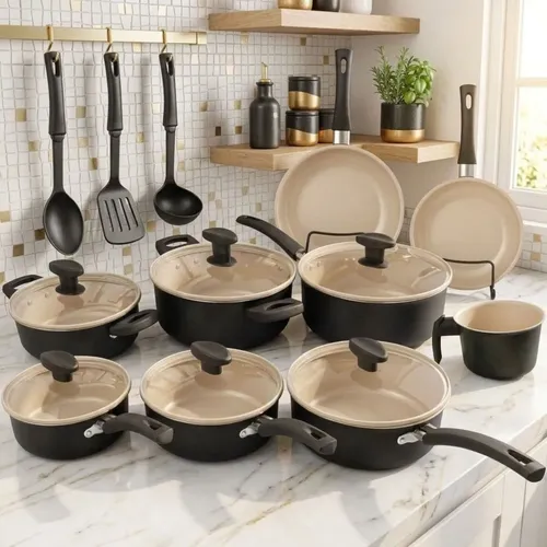 Jogo de Panelas 13 Peças Antiaderente Kit Cozinha Completa Preto e Bege — R$ 296,98 em Mercado Livre, 40% OFF