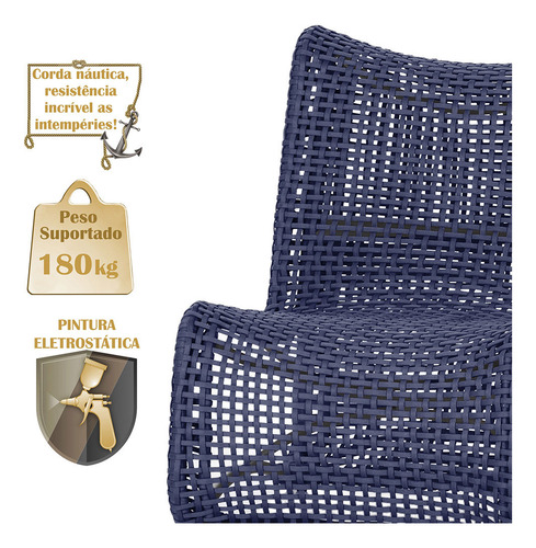 1 Poltrona E Mesa Texas Alumínio Preto Corda Náutica Trama Estrutura Azul
