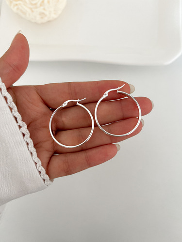 Aros Argollas Tipo Cinta Anchas Clasicas 3,3 Cm Acero Blanco