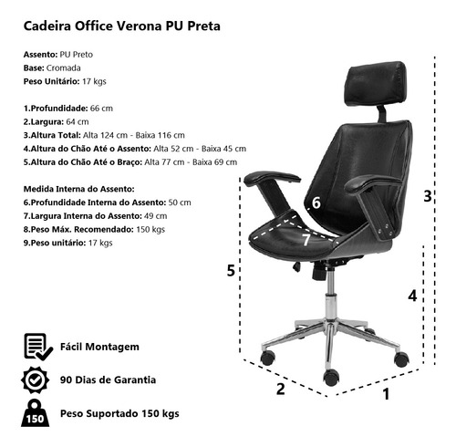 Imagem 5 de 5 de Cadeira Office Lisboa Pu Preto Base Giratória Cromada