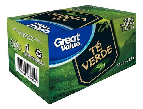 Té Verde Great Value 18 Sobres 1.2 G C/u