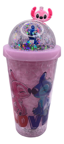 Vaso Hidrogel Con Tapa Stitch, Con Glitter Y Luces! Rosa