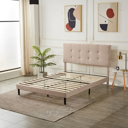 Base Para Cama King Size En Madera Con Cabecera De Lino Color Beige